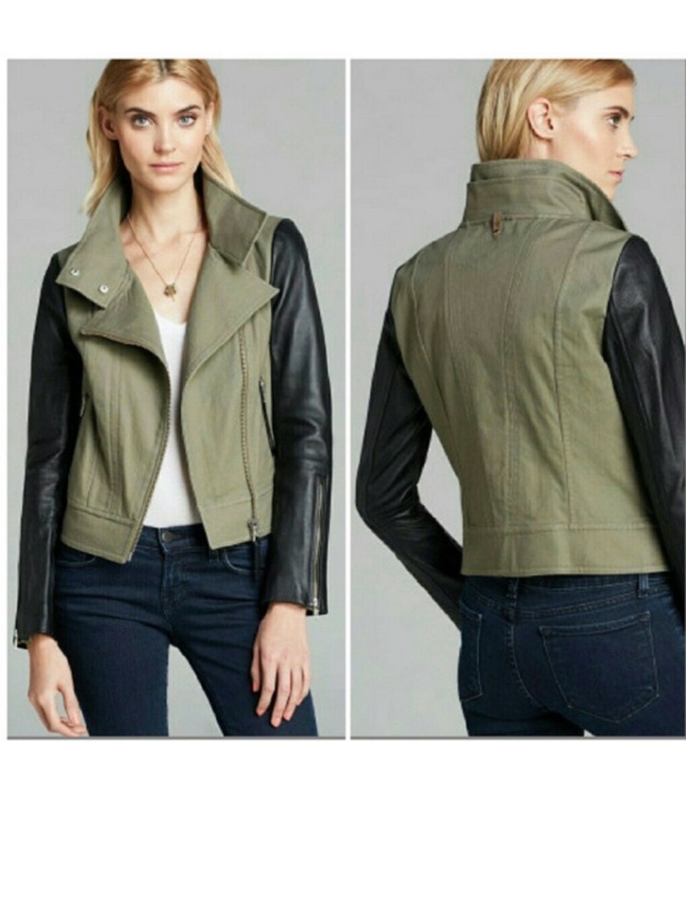 Mackage Olive Green Jacket with Black Leather Sleeves Utility Biker